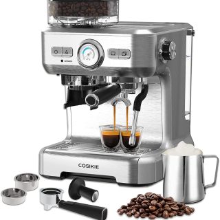 Espresso Machine with Grinder, Semi Automatic Espresso Machine with Steamer Milk Frother, COSIKIE All in One Espresso Coffee Machines 20 Bar, Home Barista Cappuccino Coffee Maker, Gifts for Her or Him