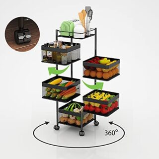 Rotating Multi-Layer Kitchen Storage Shelf,Xinyourui Fruit Vegetable Storage Basket，Floor-Standing Rolling Vertical Shelving，Multifunctional Household Shelf for Bedroom,Bathroom, Black, 5 Tier-Square-new