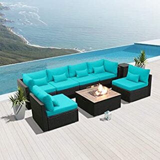 DINELI Patio Furniture Sectional Sofa with Gas Fire Pit Table Outdoor Patio Furniture Sets Propane Fire Pit (Turquoise-Square Table)