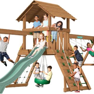 Creative Playthings Northbridge Pack 4 Wooden Swing Set (Made in The USA) for Ages 2 -12 Yrs, with Climbing Wall for Kids, Playground Swings and Slide, Monkey Bars, Tire Swing 22 x 12 x 11ft