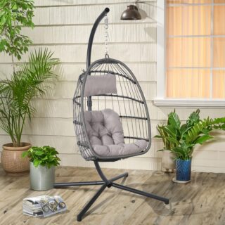 Hanging Egg Chair with Stand and Weather Cover, Indoor/Outdoor Foldable Wicker Rattan Swing Hammock Seat with Cushion Headrest, 350lbs Capacity for Bedroom, Patio, Porch - Ideal Xmas