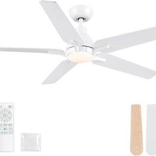 52 Inch Ceiling Fans with Lights, White Ceiling Fan with Remote, 5 Blade Modern Ceiling Fan for Bedroom, Living Room, Dining room, Patio, Dimmable 6 Speeds DC Quiet