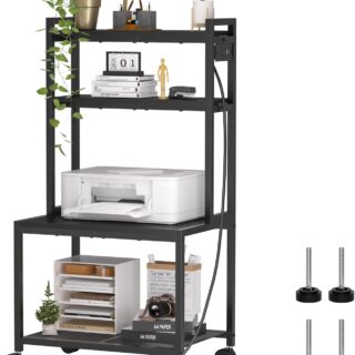 Printer Stand with Charging Station, 4-Tier Printer Stand with Storage, Large Tall Printer Table with Wheels for Home Office, Kitchen, Living Room, Printer Cart Beside Desk for Printer, Scanner Black