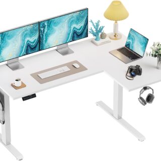 HUANUO L-Shaped Standing Desk, 63 x 40 inch Dual Motor Corner Standing Desk, Electric Height Adjustable Computer Desk with Cable Tray & 3 Preset Heights, Raising Desk for Home Office, White, HNESD109