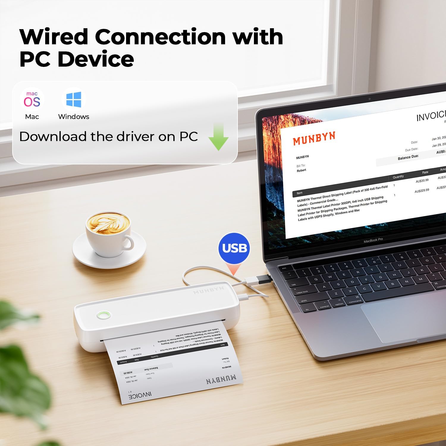 MUNBYN ITP04 Imprimante Thermique A4, Bluetooth Imprimante Portable sans Fil pour Le Voyage, Compatible avec Les Téléphones et Ordinateurs Portables Android et iOS, - Image 2