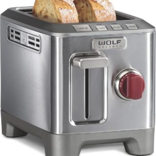 Wolf Gourmet 2-Slice Extra-Wide Slot Toaster with Shade Selector, Bagel and Defrost Settings, Red Knob, Stainless Steel (WGTR152S)
