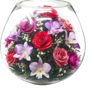 Premium Fresh Cut Preserved Flower Bouquet in a Sealed Glass Vase | Long Lasting Bouquet Orchids and Roses Stays Fresh for 5+ Years | No Water Needed | Unique Gift for Women