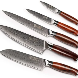 YARENH Professional Chef Knife Set 5 Piece, Damascus High Carbon Stainless Steel, Full Tang, Natural Sandalwood Handle, Ultra Sharp Kitchen Knife