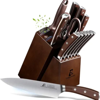 15 Pieces Kitchen Knife Set with Block+Paring Knife Set 2PCS Fruit & Vegetable