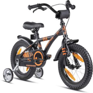 PROMETHEUS BICYCLES Children's Bicycle 14 Inch from 4 Years – Children's Bicycle Girls Boys Bicycle Children with Stabilisers Coaster Brake in Black Matt Orange