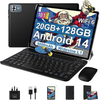 fezawio Android 14 tablet 10 inch 20GB RAM+128GB ROM, eight core tablet WiFi 6, 6000mAh, (1TB TF) tablet with keyboard and mouse+one-year screen rupture insurance —（black