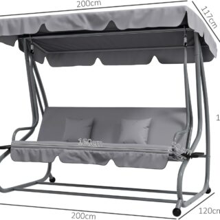 Outsunny Hollywood Swing with Reclining Function, 3-Seater Garden Swing with Adjustable Roof, Side Table, Water-Repellent Swing Bench, Load Capacity up to 340 kg, for Garden, 200 x 120 x 164 cm, Light