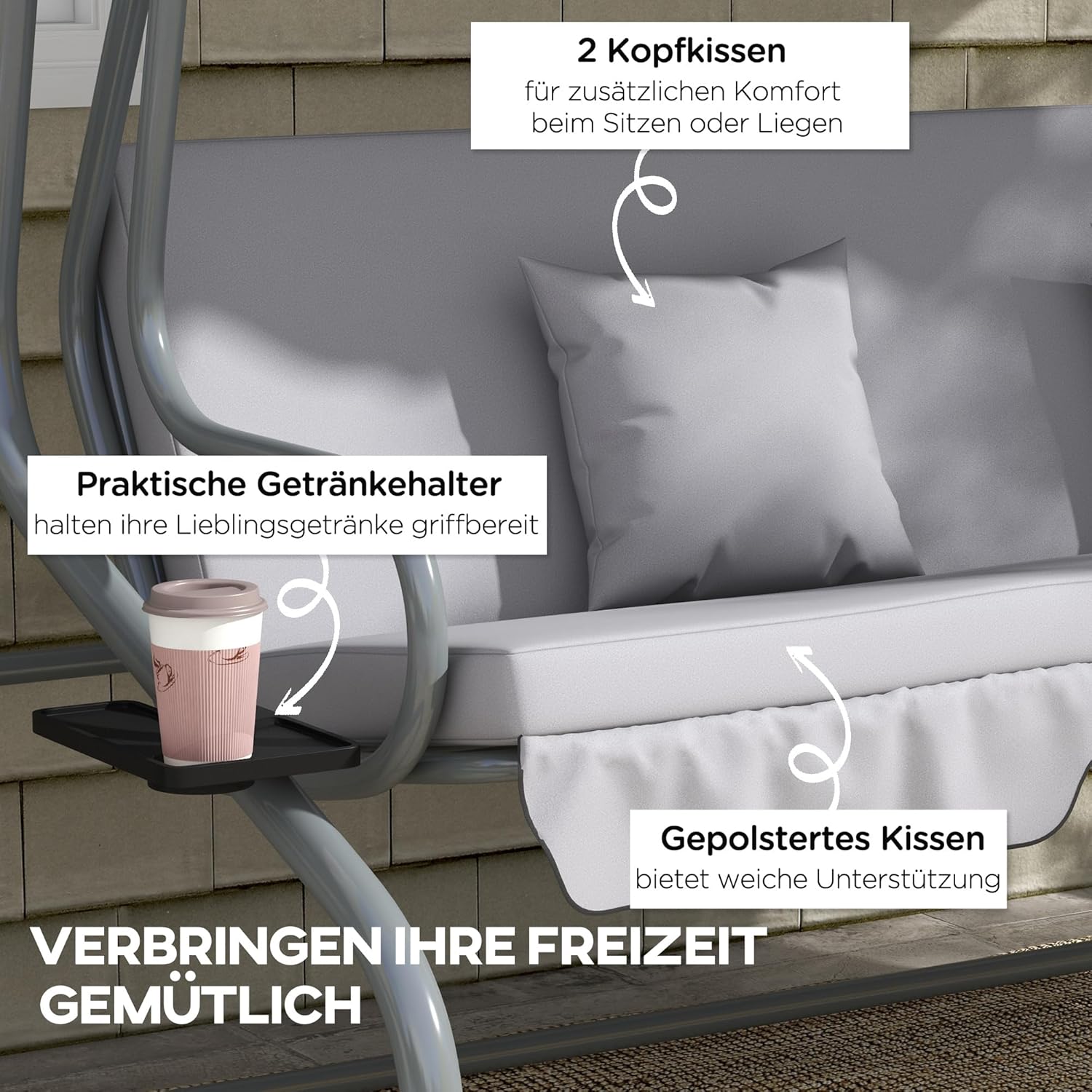Outsunny Hollywood Swing with Reclining Function, 3-Seater Garden Swing with Adjustable Roof, Side Table, Water-Repellent Swing Bench, Load Capacity up to 340 kg, for Garden, 200 x 120 x 164 cm, Light - Image 4