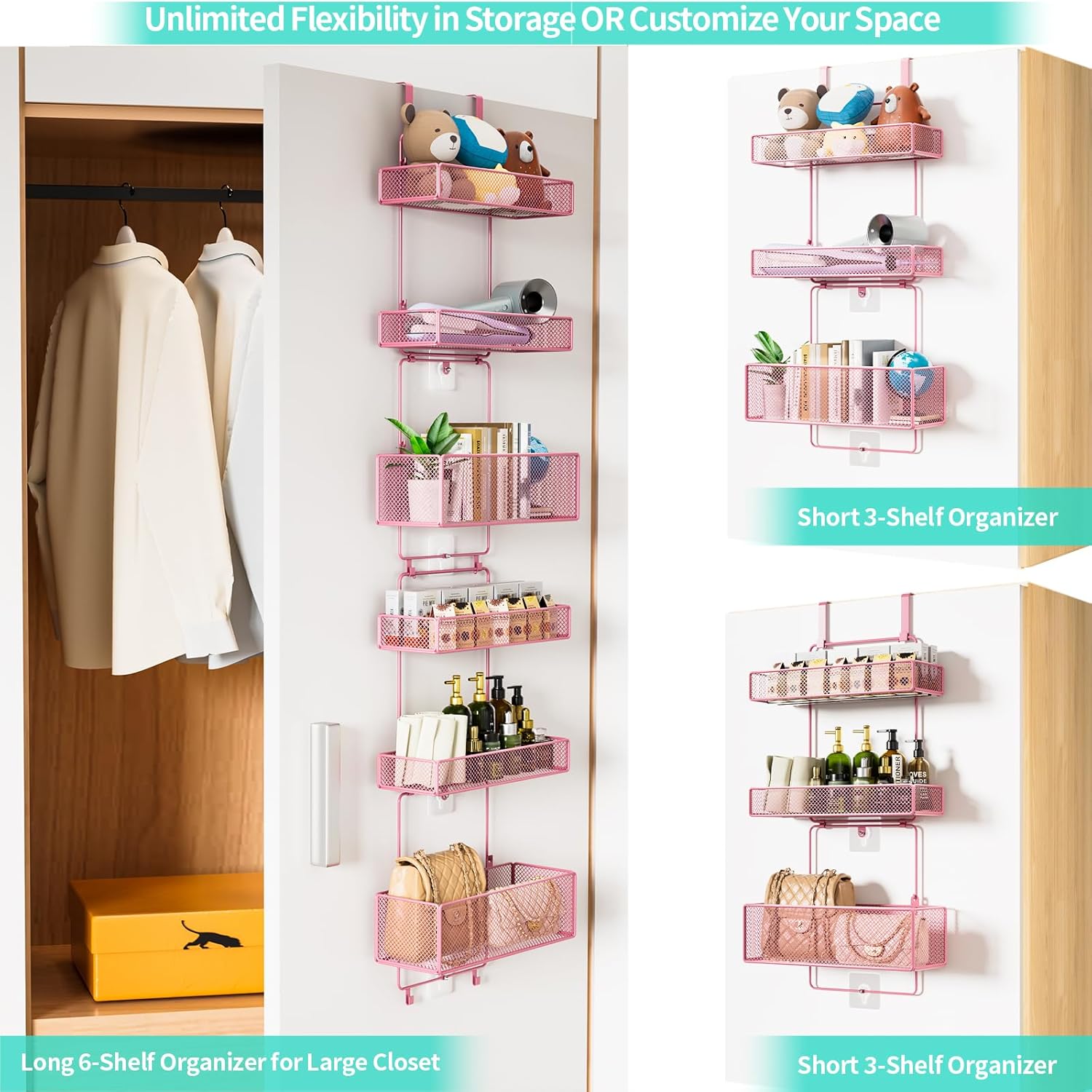 HapiRm Over Door Organizer Storage - Separable Door Organizer Hanging with 6 Metal Large Capacity Baskets for Bathroom Bedroom Kitchen Pantry Closet (Pink) - Image 3