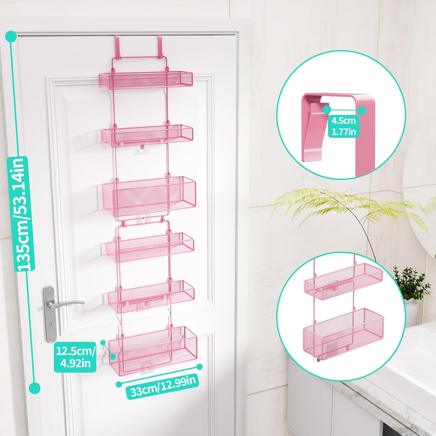 HapiRm Over Door Organizer Storage - Separable Door Organizer Hanging with 6 Metal Large Capacity Baskets for Bathroom Bedroom Kitchen Pantry Closet (Pink) - Image 5
