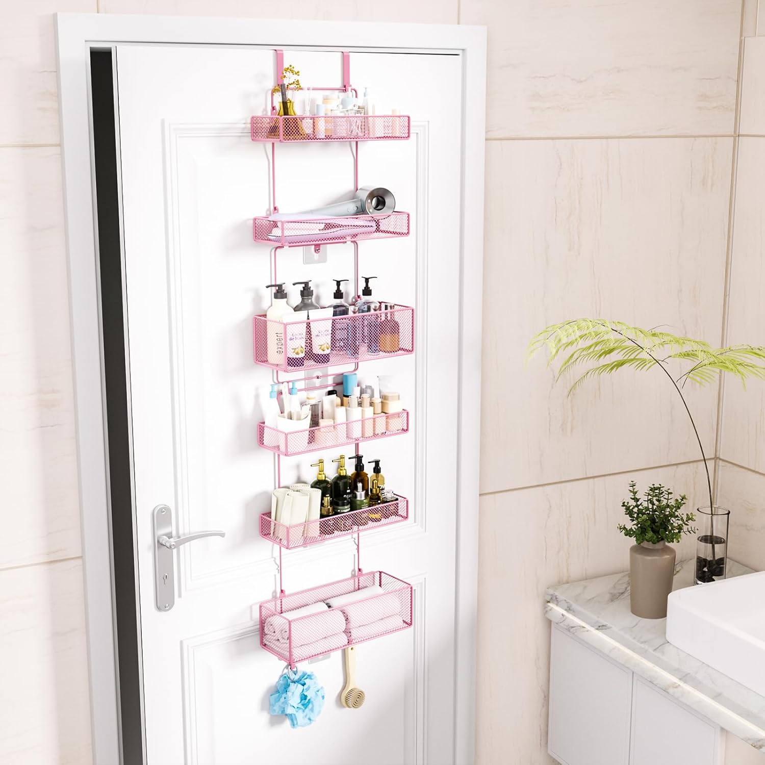 HapiRm Over Door Organizer Storage - Separable Door Organizer Hanging with 6 Metal Large Capacity Baskets for Bathroom Bedroom Kitchen Pantry Closet (Pink) - Image 4