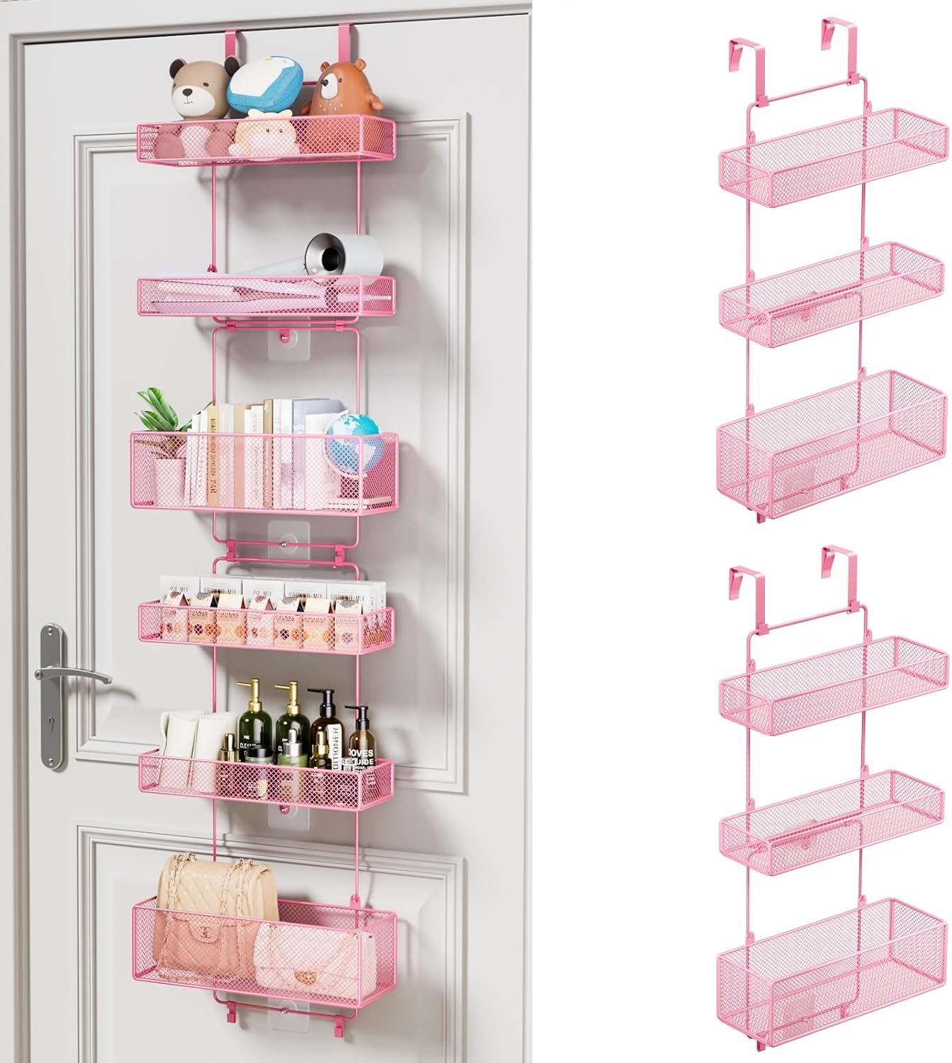 HapiRm Over Door Organizer Storage - Separable Door Organizer Hanging with 6 Metal Large Capacity Baskets for Bathroom Bedroom Kitchen Pantry Closet (Pink)