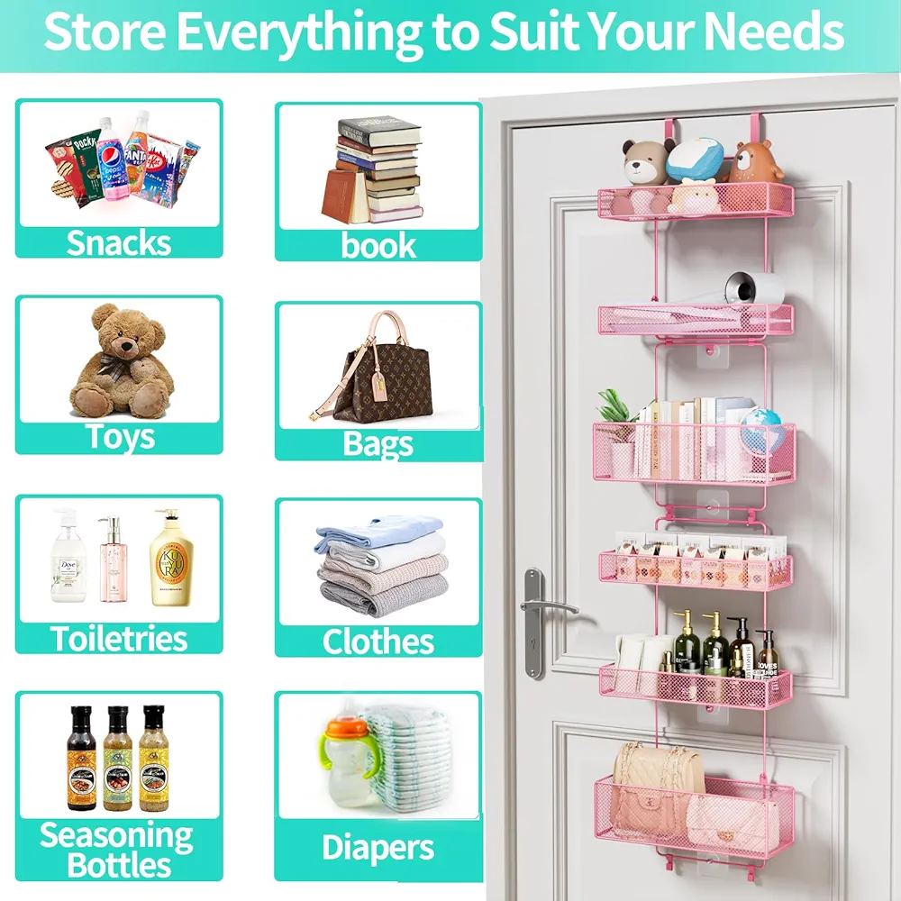 HapiRm Over Door Organizer Storage - Separable Door Organizer Hanging with 6 Metal Large Capacity Baskets for Bathroom Bedroom Kitchen Pantry Closet (Pink) - Image 7