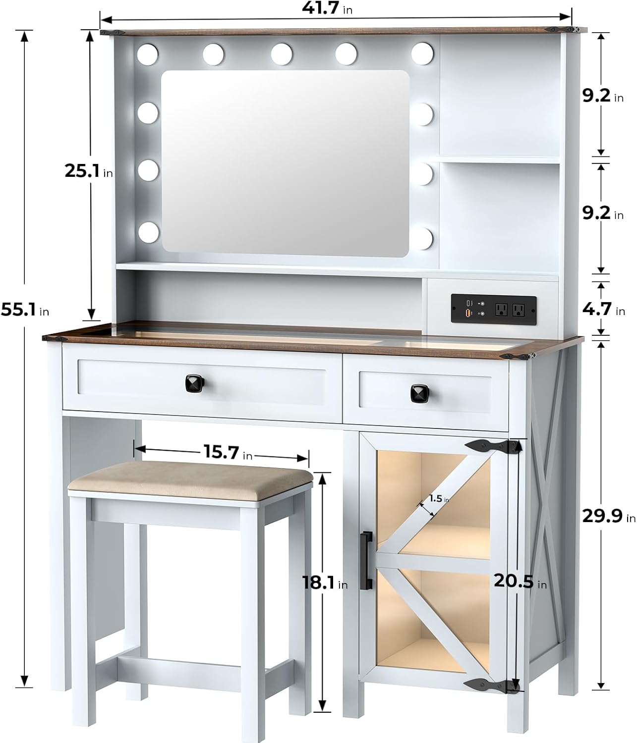 Farmhouse Makeup Vanity Desk with Mirror and Lights, 42" Glass Top Vanity with Charging Station, Rustic Vanity Table Set with 2 Drawers & Shelves & Cabinet, Dressing Table for Bedroom, White - Image 2