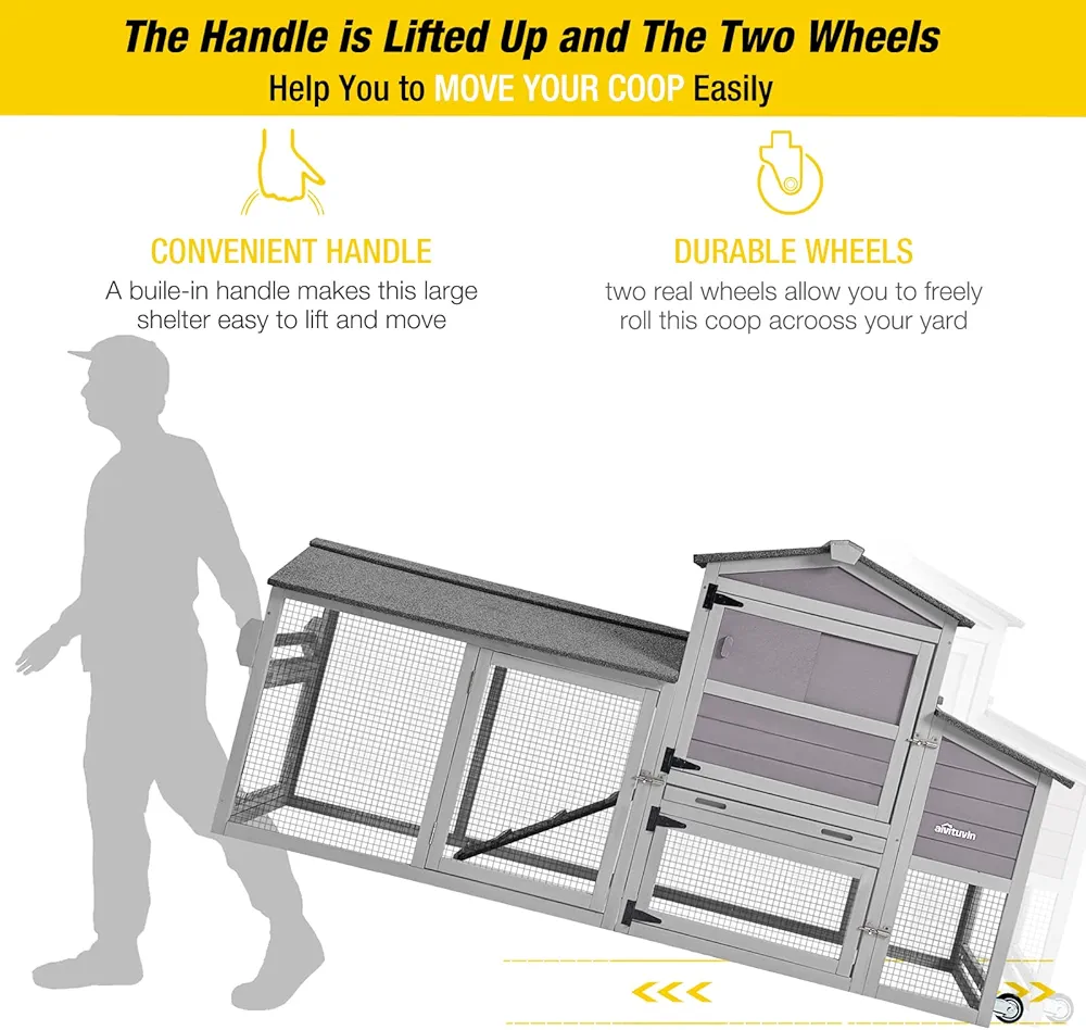 Aivituvin 80in Chicken Coop Mobile Hen House Outdoor Wooden Poultry Cage with Wheels Nesting Box Run - Image 4