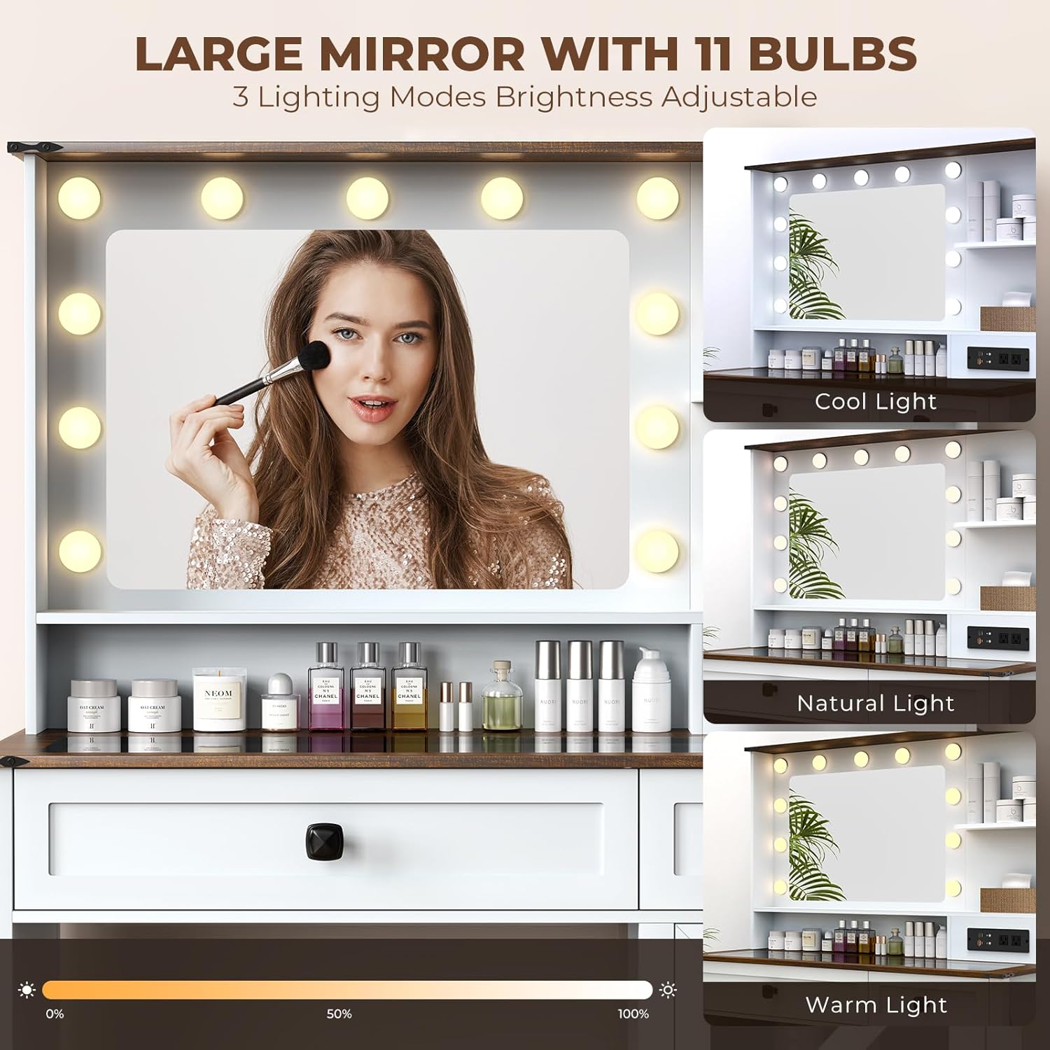 Farmhouse Makeup Vanity Desk with Mirror and Lights, 42" Glass Top Vanity with Charging Station, Rustic Vanity Table Set with 2 Drawers & Shelves & Cabinet, Dressing Table for Bedroom, White - Image 6