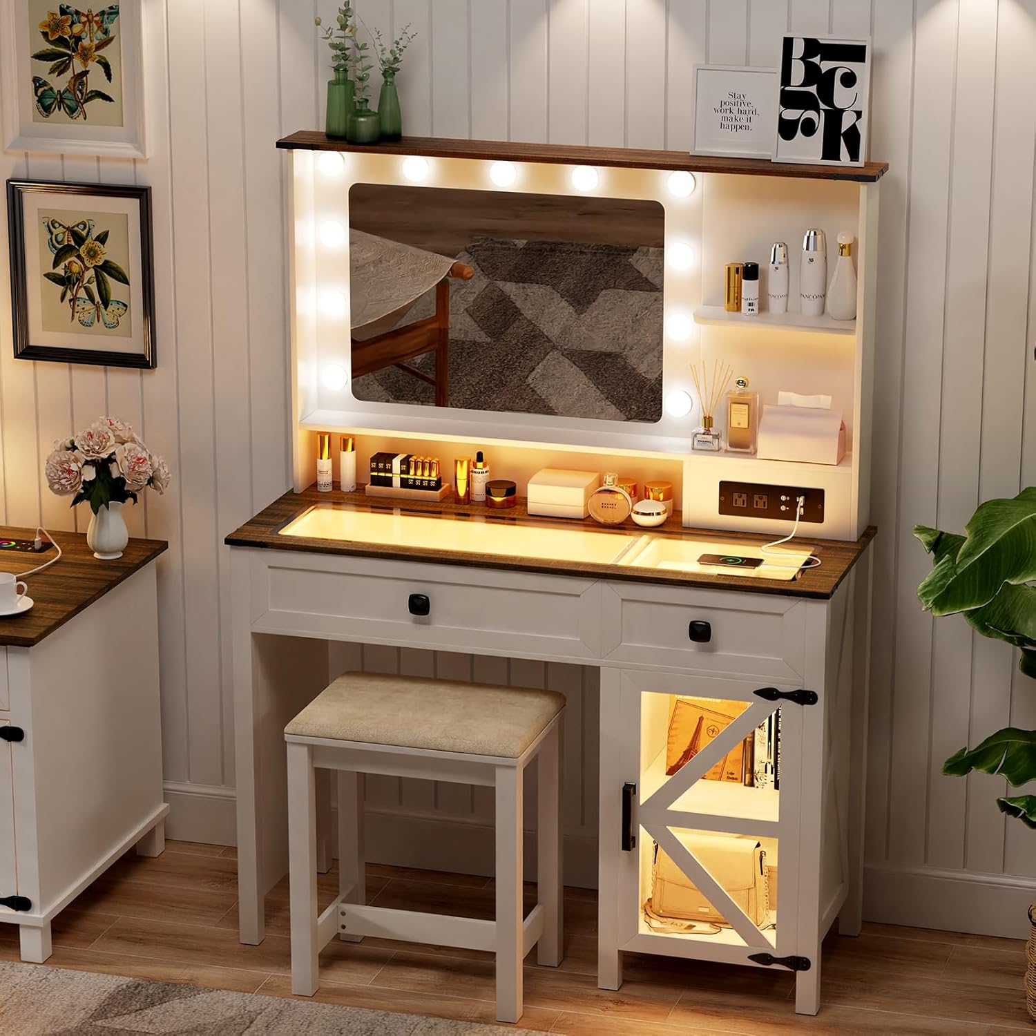 Farmhouse Makeup Vanity Desk with Mirror and Lights, 42" Glass Top Vanity with Charging Station, Rustic Vanity Table Set with 2 Drawers & Shelves & Cabinet, Dressing Table for Bedroom, White - Image 3